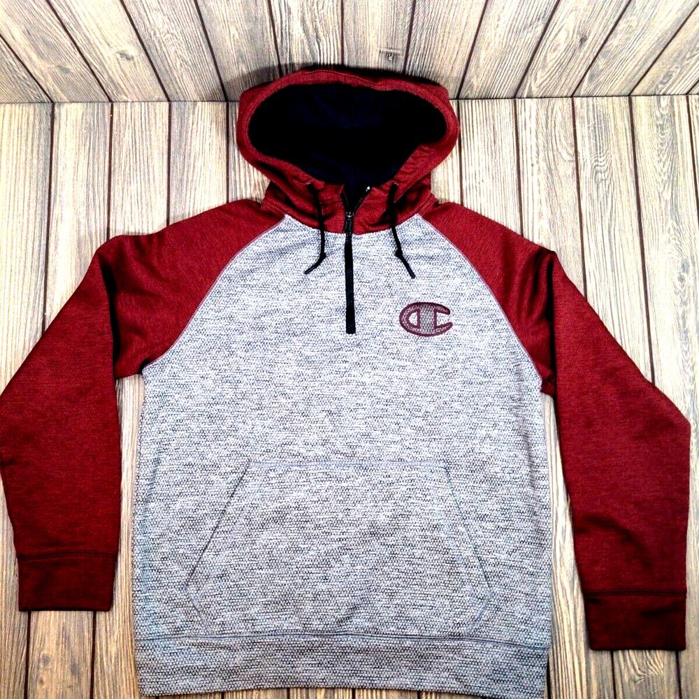 Champion Men Stadium Fleece Maroon Gray Quarter Zip Waffle Knit Hoodie‎ Men M - Picture 2 of 8